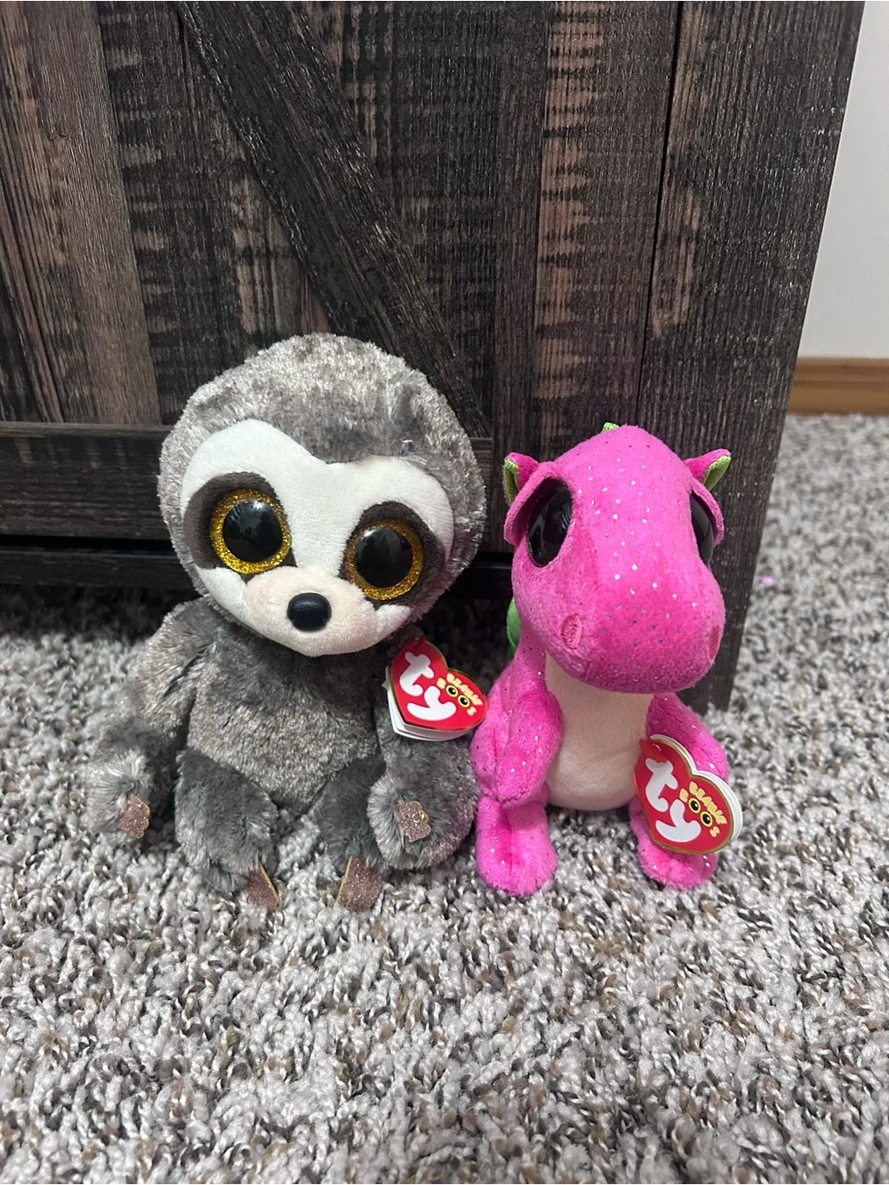 NWT Ty Plush Bundle Sloth and Dragon Pair - Gray & Bright Pink